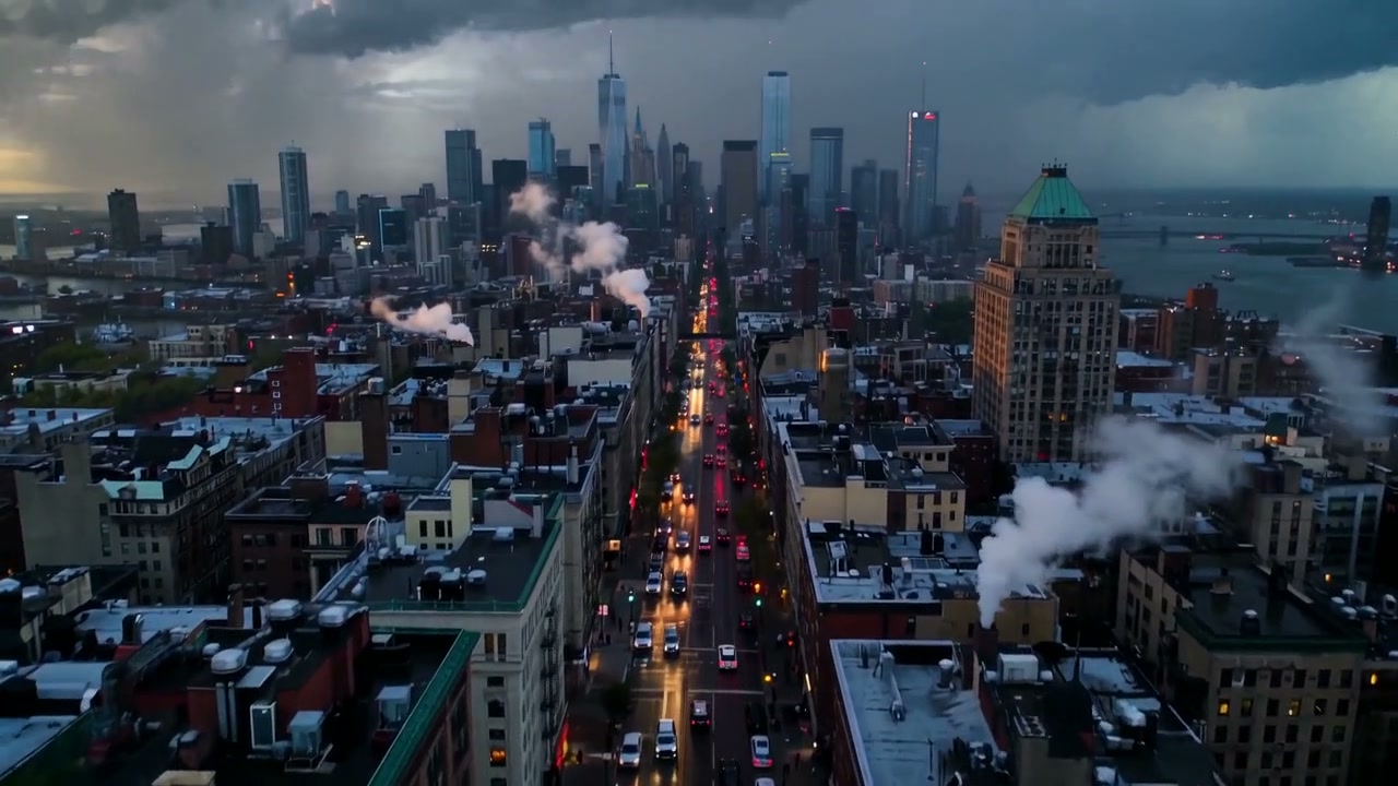 Cinematic establishing shot of a city skyline beneath dramatic clouds