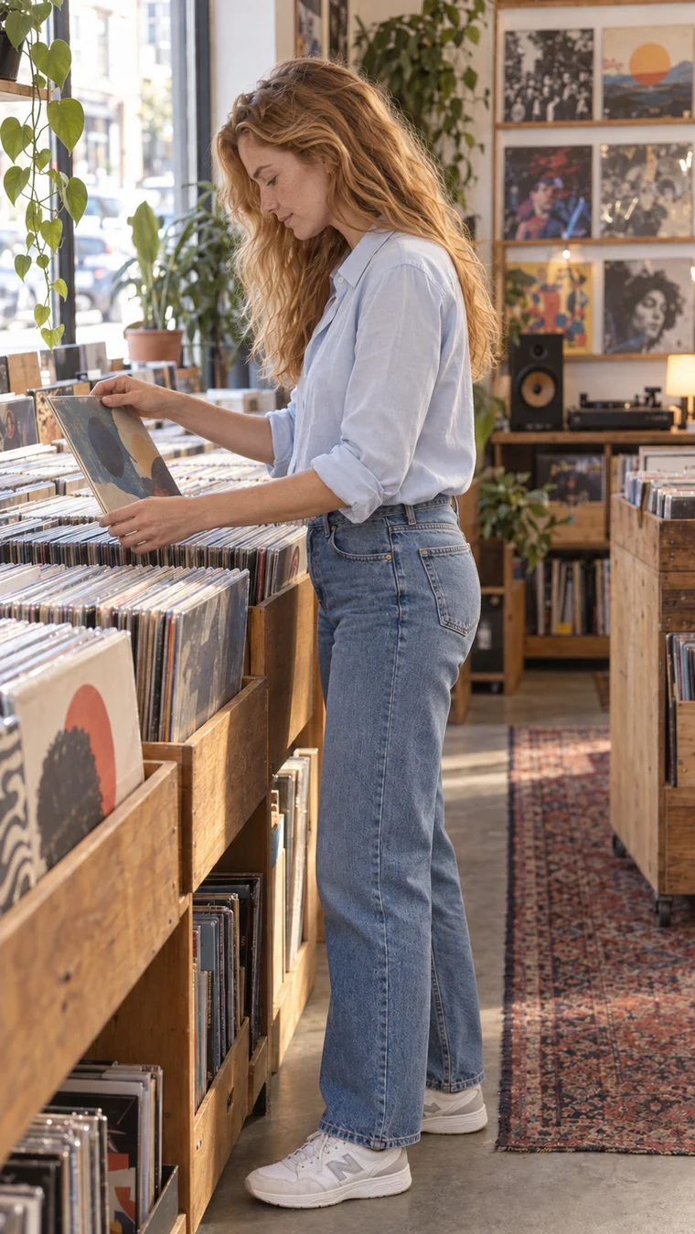A woman browsing records in profile, concentrating on a sleeve