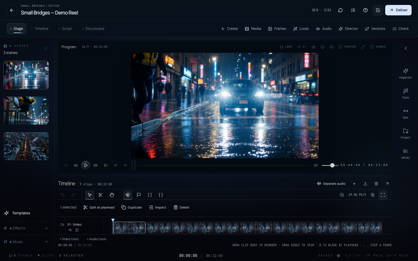 The actual Small Bridges editor with Night to Dawn and a nine-clip timeline
