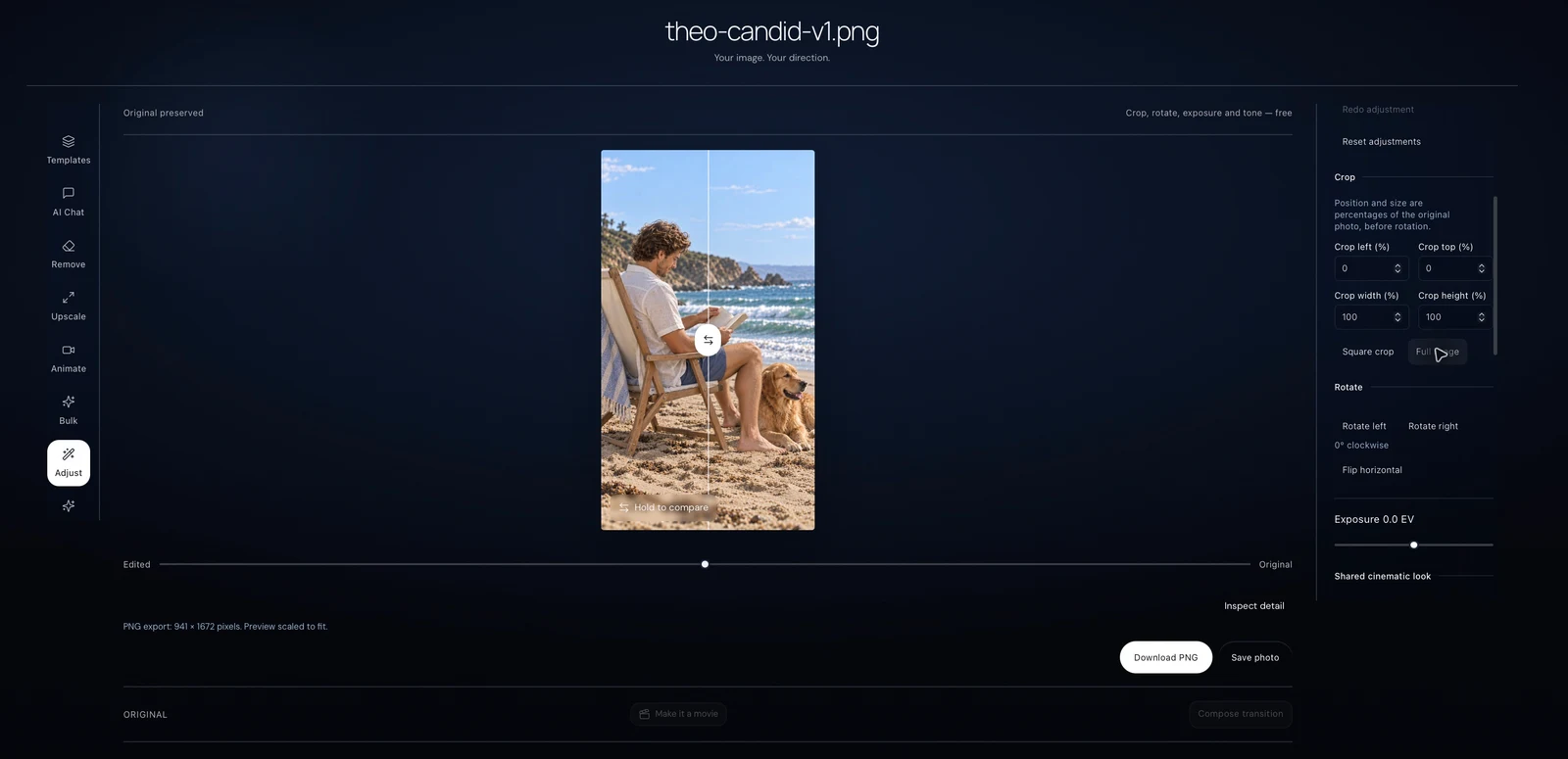 The actual Photo Studio with Theo’s beach image, comparison view and crop controls