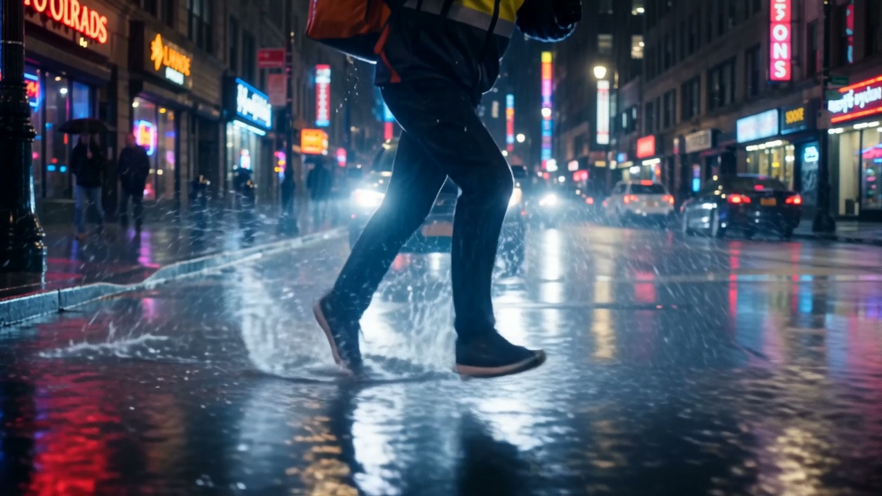 Neon light reflected on a rain-soaked city street